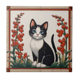Floral Cats - Black & White Cat Red Flower Garden