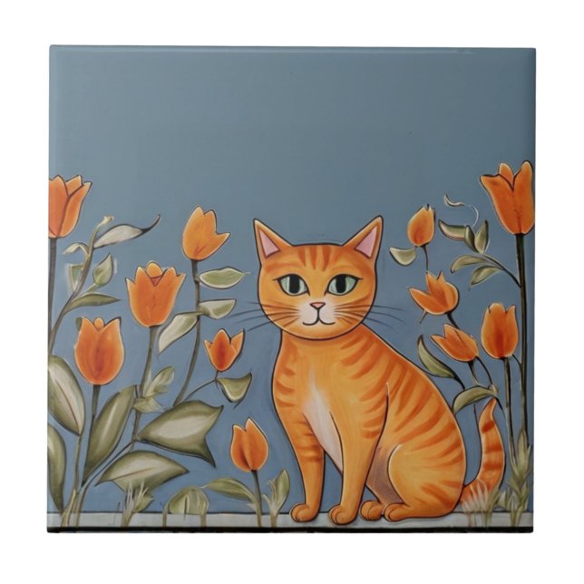 Floral Cats - Ginger Cat & Orange Flowers Cartoon (Frente)