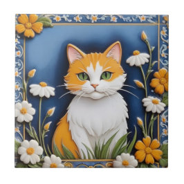 Floral Cats - Ginger Cat Orange White Flowers Blue
