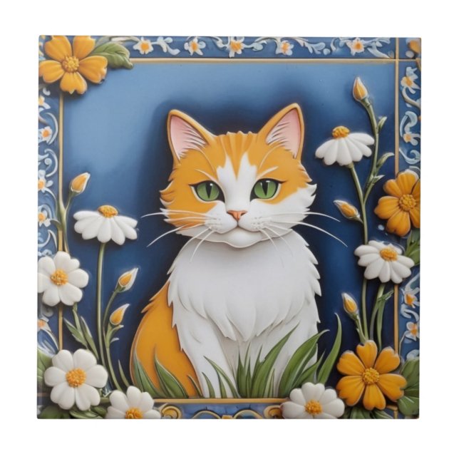 Floral Cats - Ginger Cat Orange White Flowers Blue (Frente)