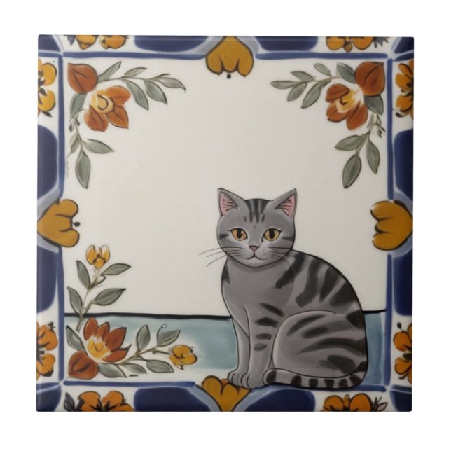 Floral Cats - Grey Tabby Cat & Orange Red Flowers (Frente)