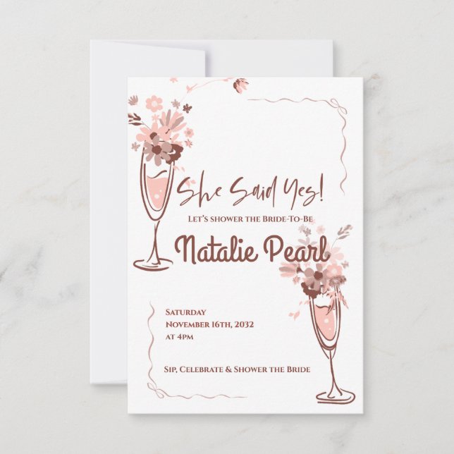 Floral Champagne She Said Yes Bridal Shower Invite (Frente)