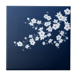 Floral Cherry Blossom Marinho Azul Branco