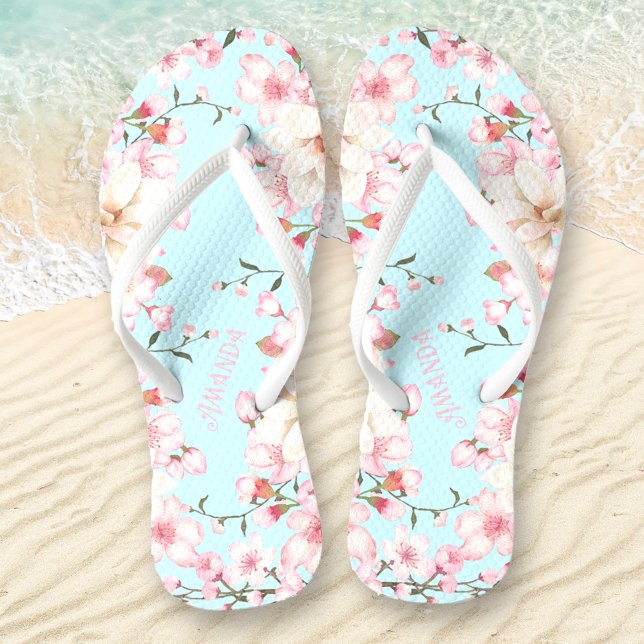 Floral Cherry Blossom Nome cor-de-rosa Chinelos az (Floral Cherry Blossom Name Pink Blue Flip Flops)