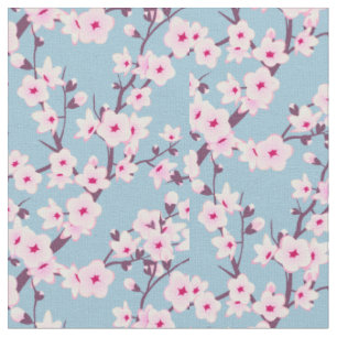 Floral Cherry Blossomas cor-de-rosa Sky Tecido azu