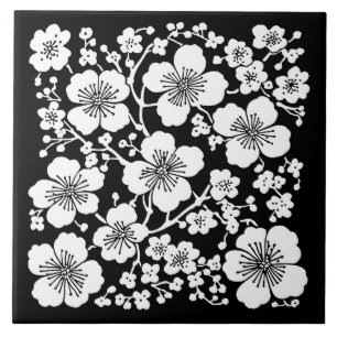 Floral Cherry Blossomn Padrão Preto e Branco