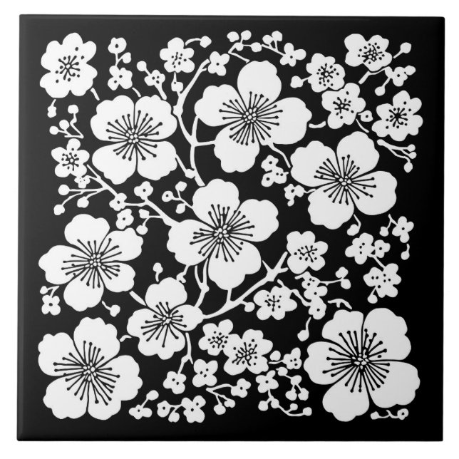 Floral Cherry Blossomn Padrão Preto e Branco (Frente)