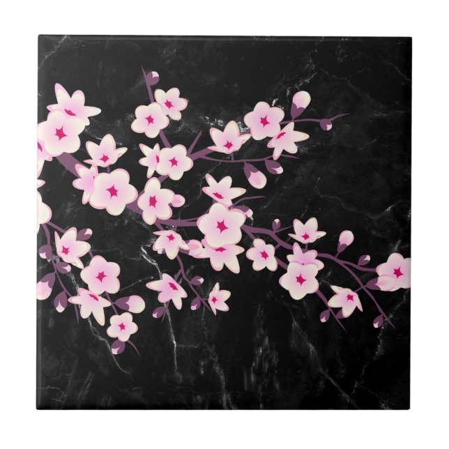 Floral Cherry Blossomo Preto Cor-de-Rosa (Frente)