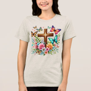 Floral Christian Cross Borboletas Religiosas