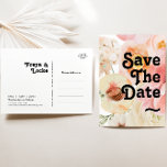 Floral Colorida Negrito | Guardar Cartão Postal De<br><div class="desc">Este floral colorido arrojado | salve o cartão postal vai maravilhosamente com o seu brilhante casamento botânico moderno. A grande cor d'água, cor-de-rosa, laranja queimada, flores poeirentas de rosa, e fatias de pêssego tucadas dentro do verde dão a esta design uma sensação vibrante e elegante de jardim de vassoura. A...</div>