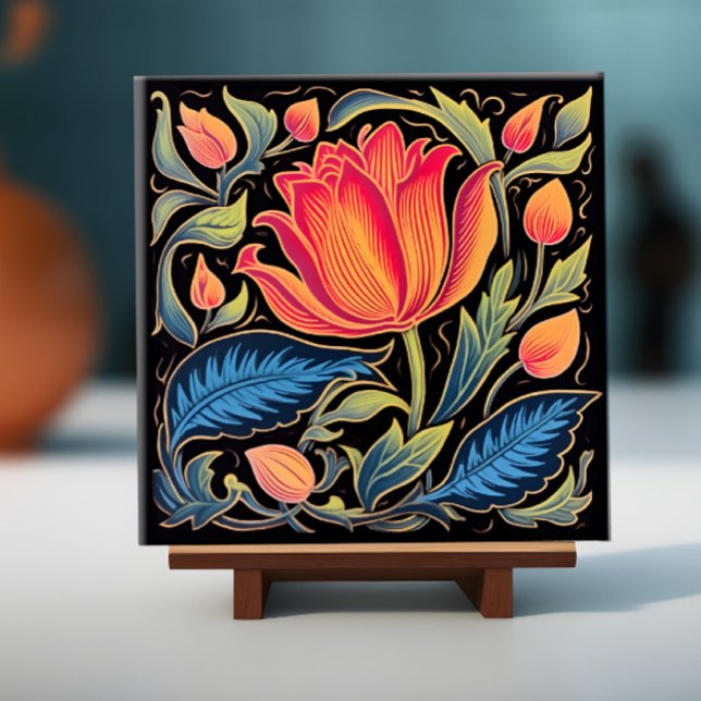 Floral Colorido em Preto (Image of a floral tile on a display stand)