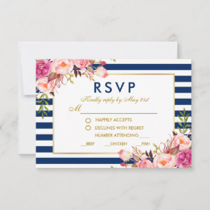 Floral Cor-de-rosa Azul Stripes Casamento RSVP Ref