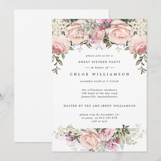 Floral cor-de-rosa brilhante Doce 16 Convites de f (Frente/Verso)