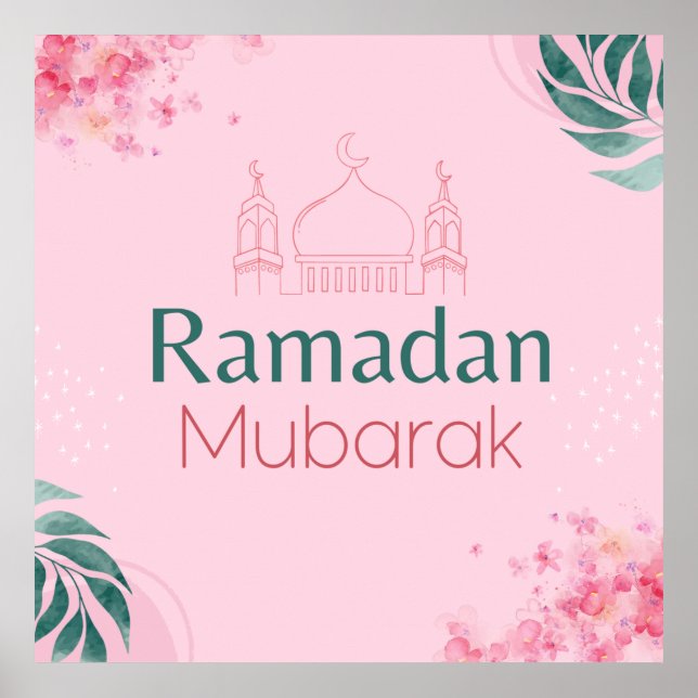 Floral cor rosa-d-água Ramadan Mubarak Poster (Frente)