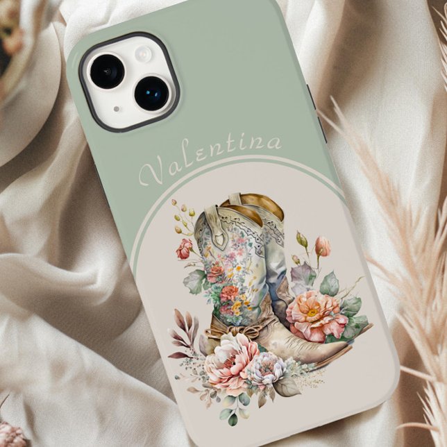 Floral Cowgirl Boots in Arch Green Personalizado (Personalized iphone case with floral gowgirl boots by Darling & May)