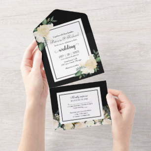 Floral Creme Branco Sobre Preto Elegante Casamento