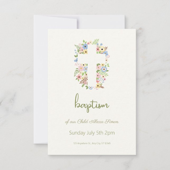 Floral Cross Baptism RSVP - Pastel Suave (Frente)