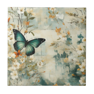 Floral de Borboleta Teal Pintura em Terracota de S