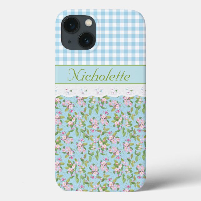 Floral de Flor de Maçã, Azul Cheque Gingham e rend (Verso)