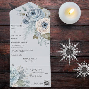 Floral de Inverno Azul Gelo em Código QR Azul Clar
