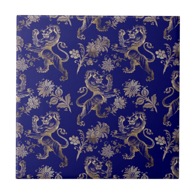 Floral de Leão Dourado Azul Elegante  (Frente)