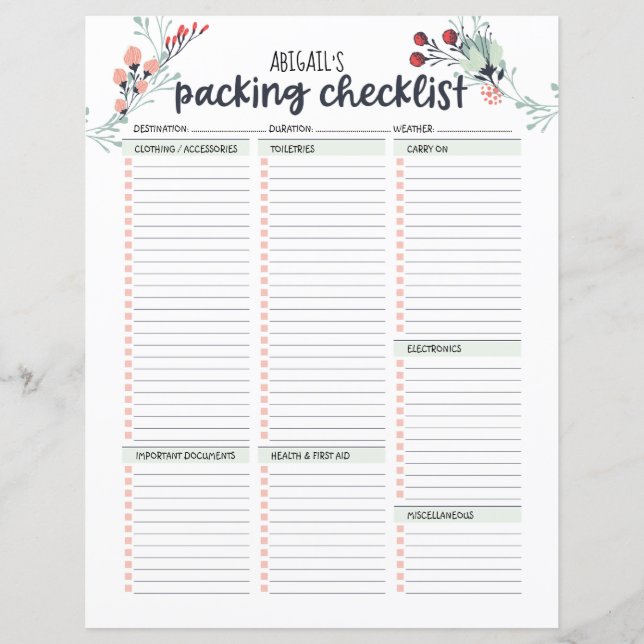 Floral de Lista de Embalagem de viagem (Frente)