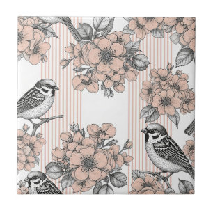 Floral de Pássaro Vintage em Listra Toile (1)