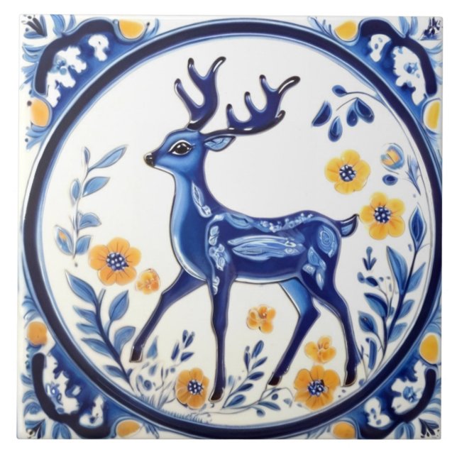 Floral Deer Blue & White Woodland Folk Animal Art (Frente)