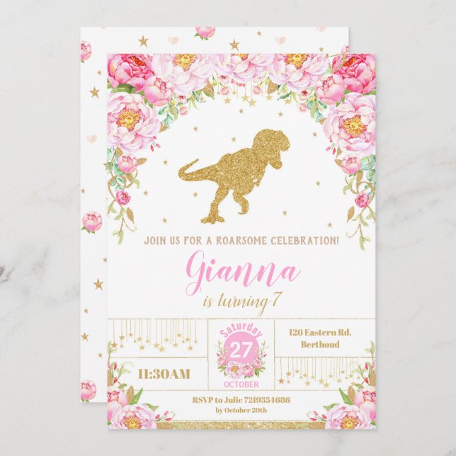 Floral Dinossaur Birthday - Convite Rapariga T-rex (Frente/Verso)