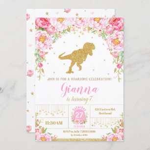 Floral Dinossaur Birthday - Convite Rapariga T-rex