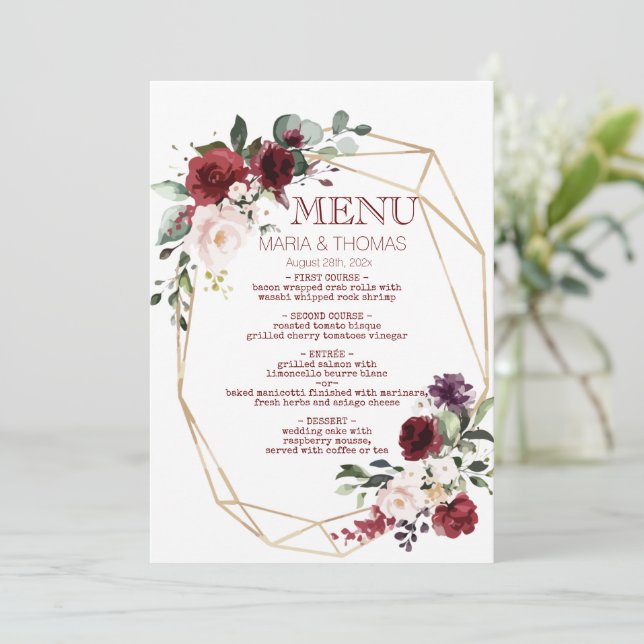 floral do cartão de menu de recepção de casamento (Em pé/Frente)