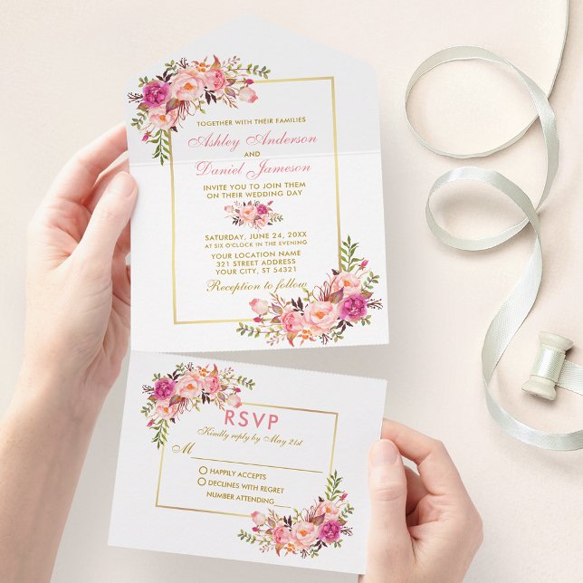 Floral Dourado com Lâmpada Cor de Água Elegante (All In One Wedding Invitation with tear off RSVP Card)