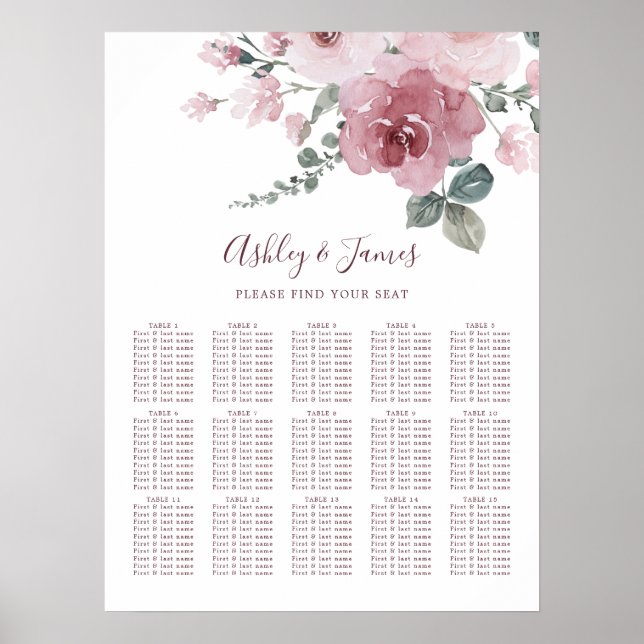 Floral Dusty Rosa Rosa Poster de Casamento (Frente)