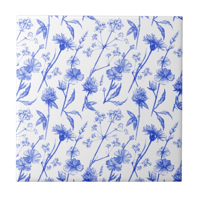 Floral Elegant Blue Flowers Ceramic Tile (Frente)