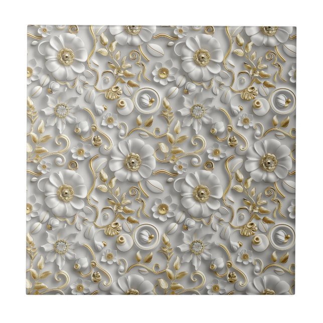 Floral Elegante 3D Branco E Dourado (Frente)