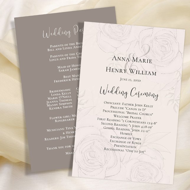 Floral Elegante do Programa Blush Wedding (Elegant calligraphy script Wedding double-sided program. )