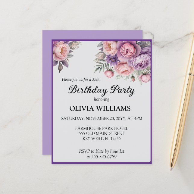 Floral elegante no Convite de Aniversário do Paste (Frente/Verso In Situ)