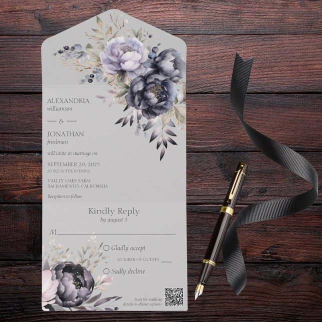 Floral Elegante Preto e Lavanda na Cinza Código QR (Also available without QR code. )