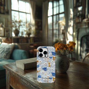 Floral Embutida em Azul e Dourado Personalizada