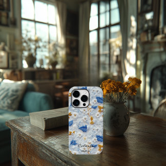 Floral Embutida em Azul e Dourado Personalizada