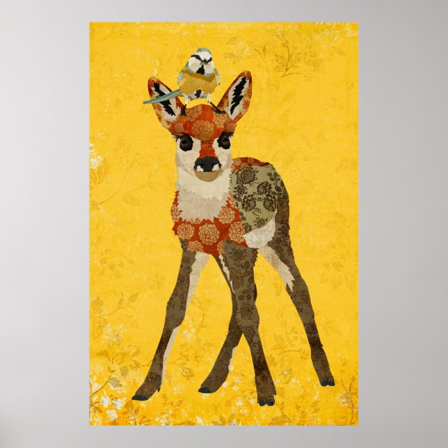 Floral Fawn & Little Bird Art Poster (Frente)