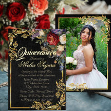 Floral, Foto & Moldura Dourada - Quinceanera Preto