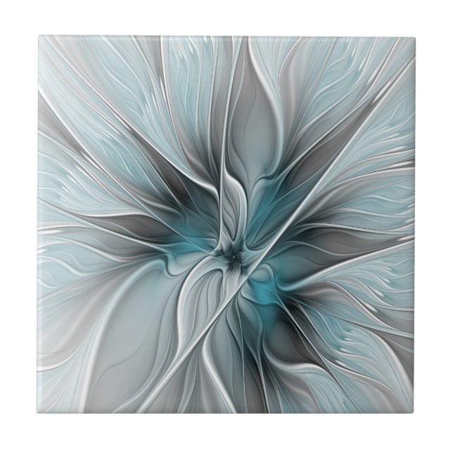 Floral Fractal Moderno Abstrato Flor Azul Cinza (Frente)