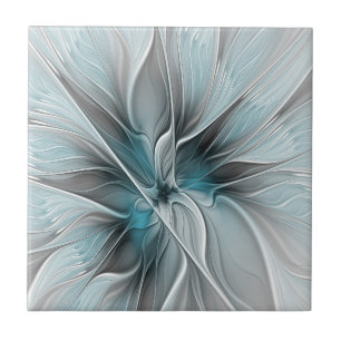 Floral Fractal Moderno Abstrato Flor Azul Cinza