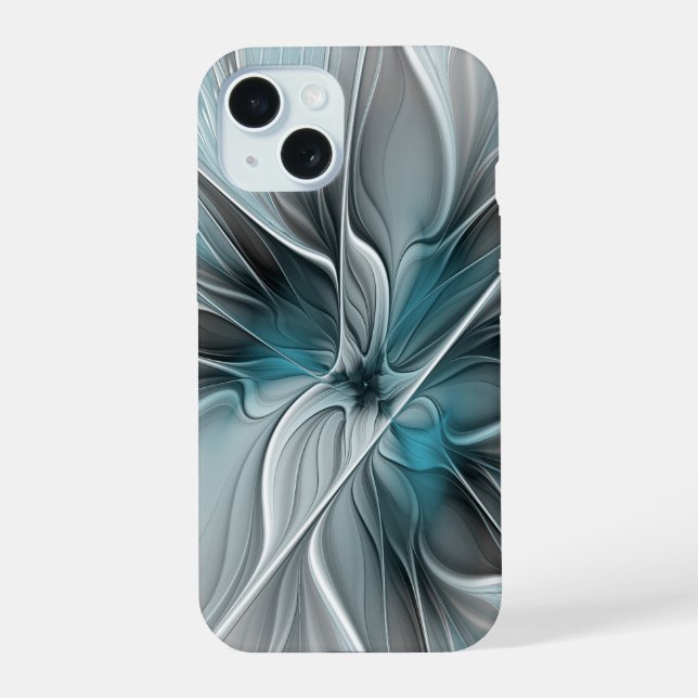 Floral Fractal Moderno Abstrato Flor Azul Cinza (Verso)