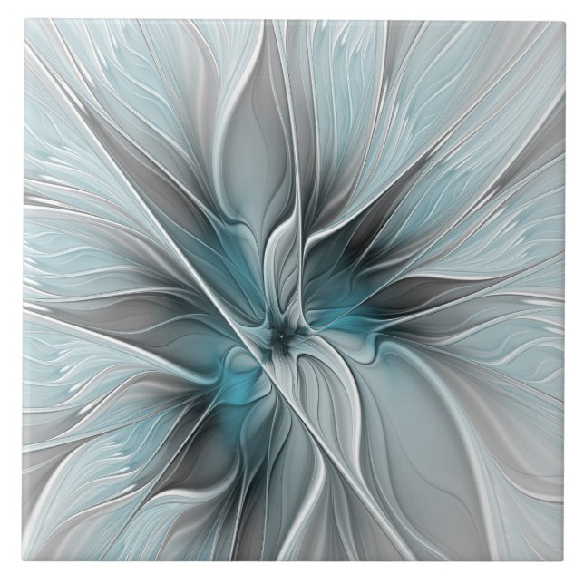 Floral Fractal Moderno Abstrato Flor Azul Cinza (Frente)