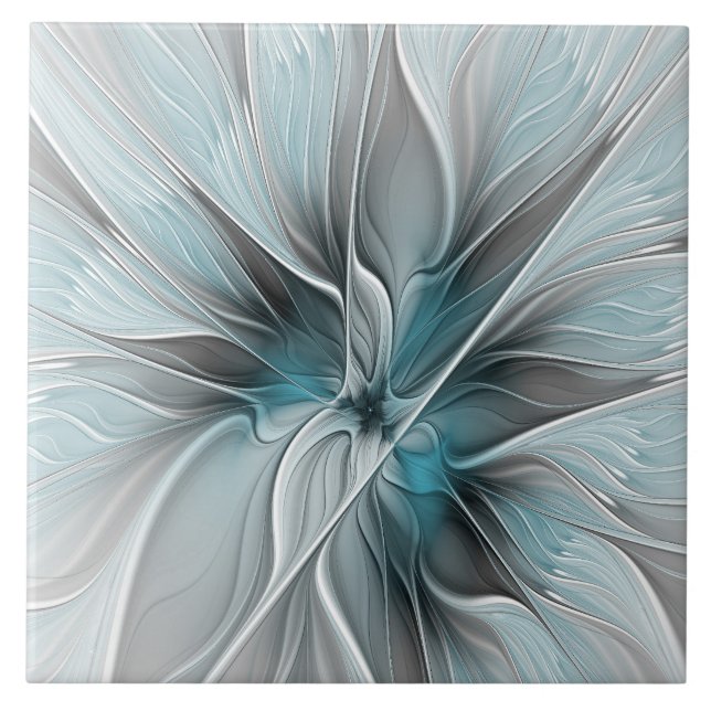 Floral Fractal Moderno Abstrato Flor Azul Cinza (Frente)