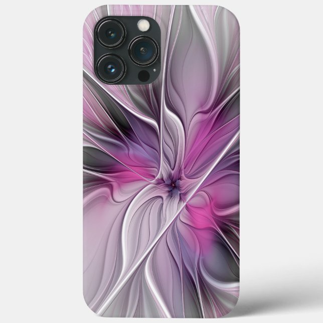 Floral Fractal Moderno Abstrato Flor Rosa Cinza (Verso)