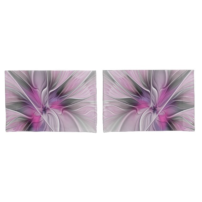 Floral Fractal Moderno Abstrato Flor Rosa Cinza (Frente - conjunto)