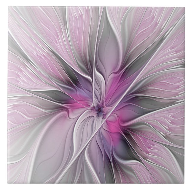 Floral Fractal Moderno Abstrato Flor Rosa Cinza (Frente)